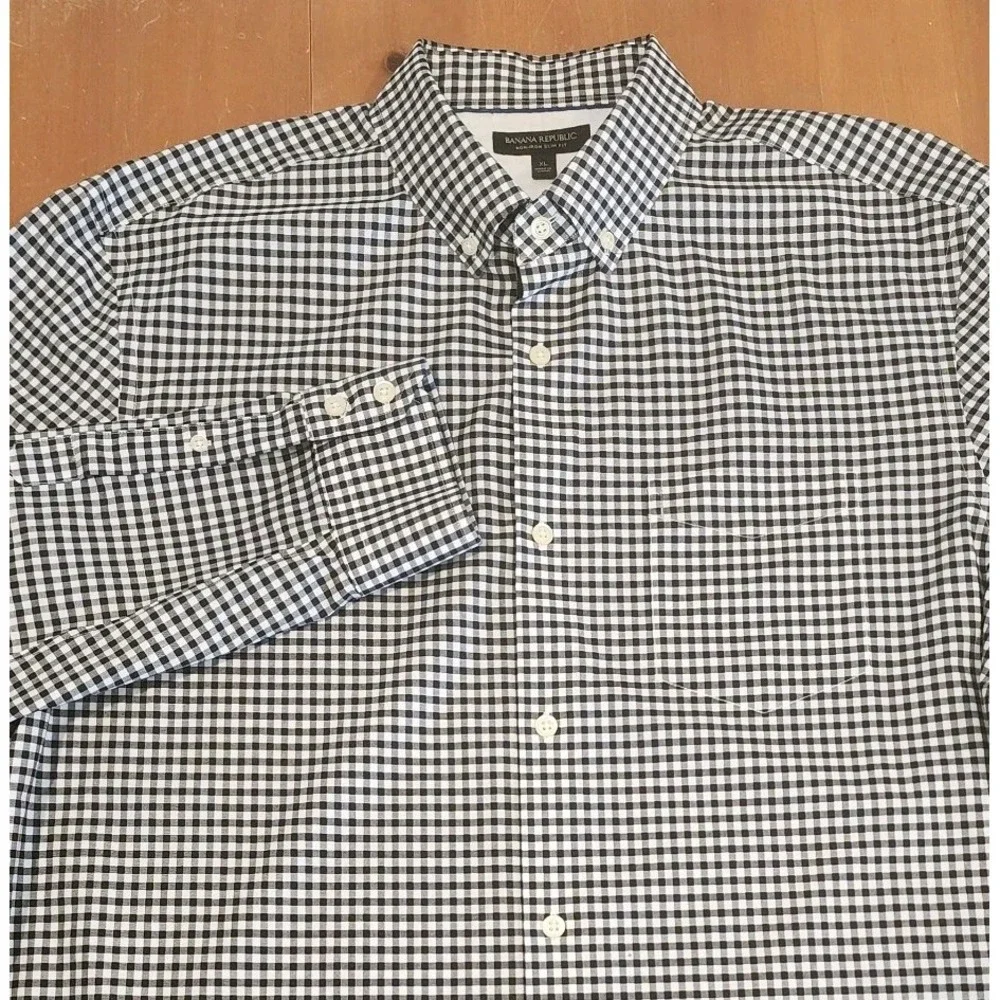 Banana Republic Button Down Shirt Mens XL‎ Black White Check Slim Fit Non Iron